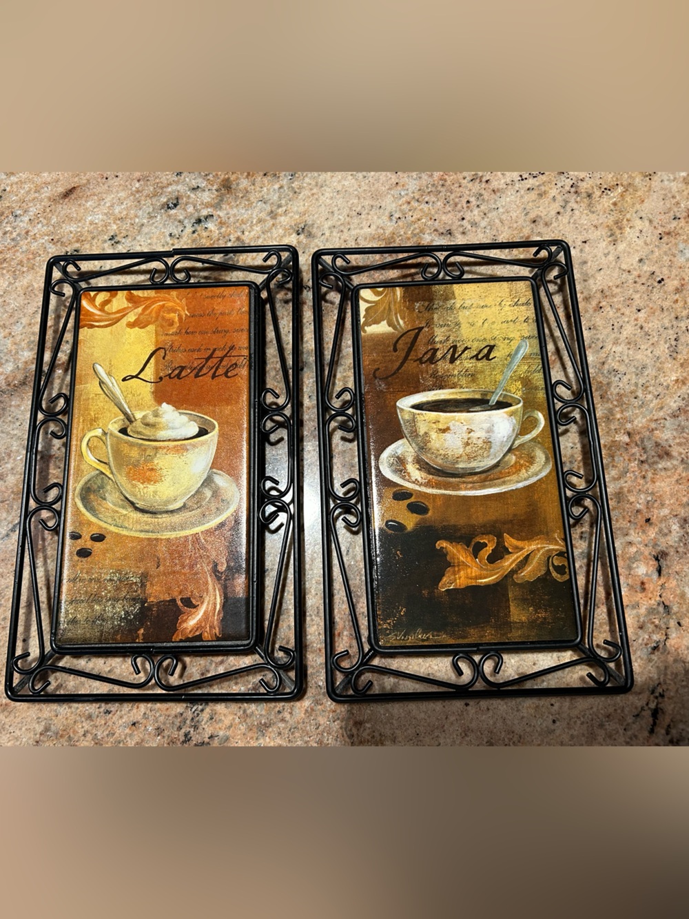 Set of (2) Kim Lewis Espresso Coffee Tile Wrought Iron Scroll Wall Art/ Trivets